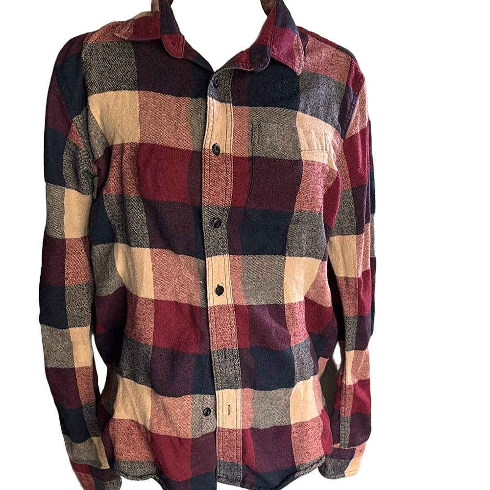 Plaid Flannel Long Sleeve Shirt in Red and Beige